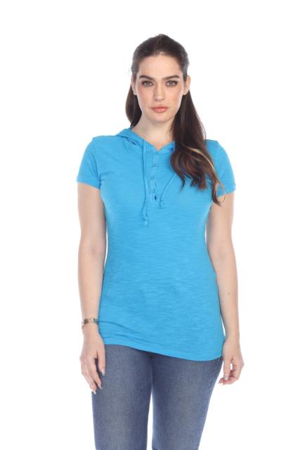 6051 Junior's Short Sleeve Cotton Slub Henley Hoodie