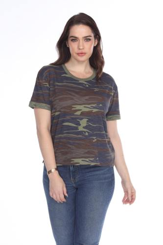 3216C Junior's Camo Print Rolled Cuff Short Sleeve Boxy Tee