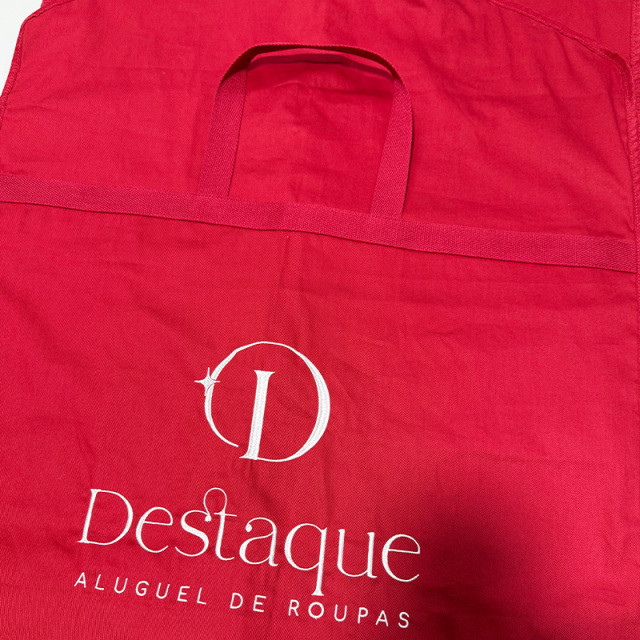 Red cotton dress bag with window and pocket