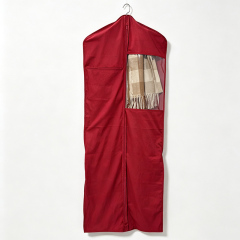 Red cotton dress bag with window and pocket