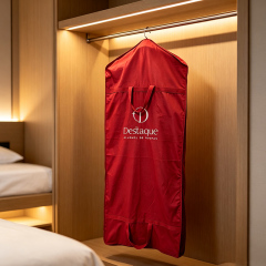 Red cotton dress bag with window and pocket