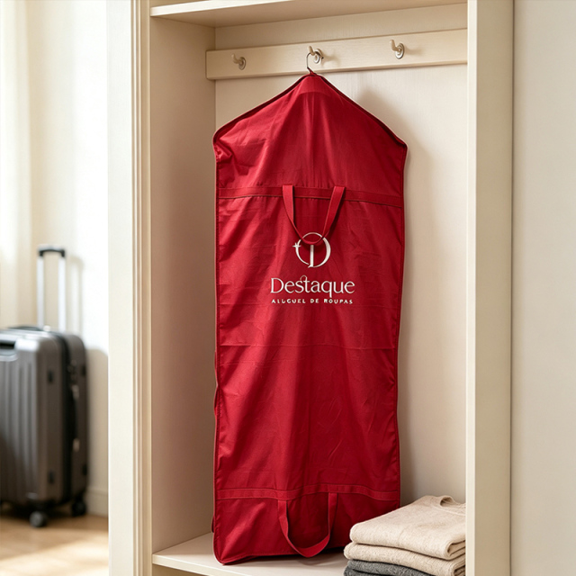 Red cotton dress bag with window and pocket