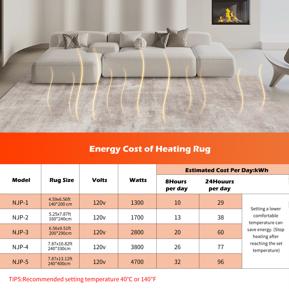 NujorWarm Graphene Electric Heated Carpet,Heater Warmer Area Rug Floor Heating Mat with Timer Living Room Bedroom Dining Room My 120V 1700W 160 * 230cm 5.2 * 7.5Ft