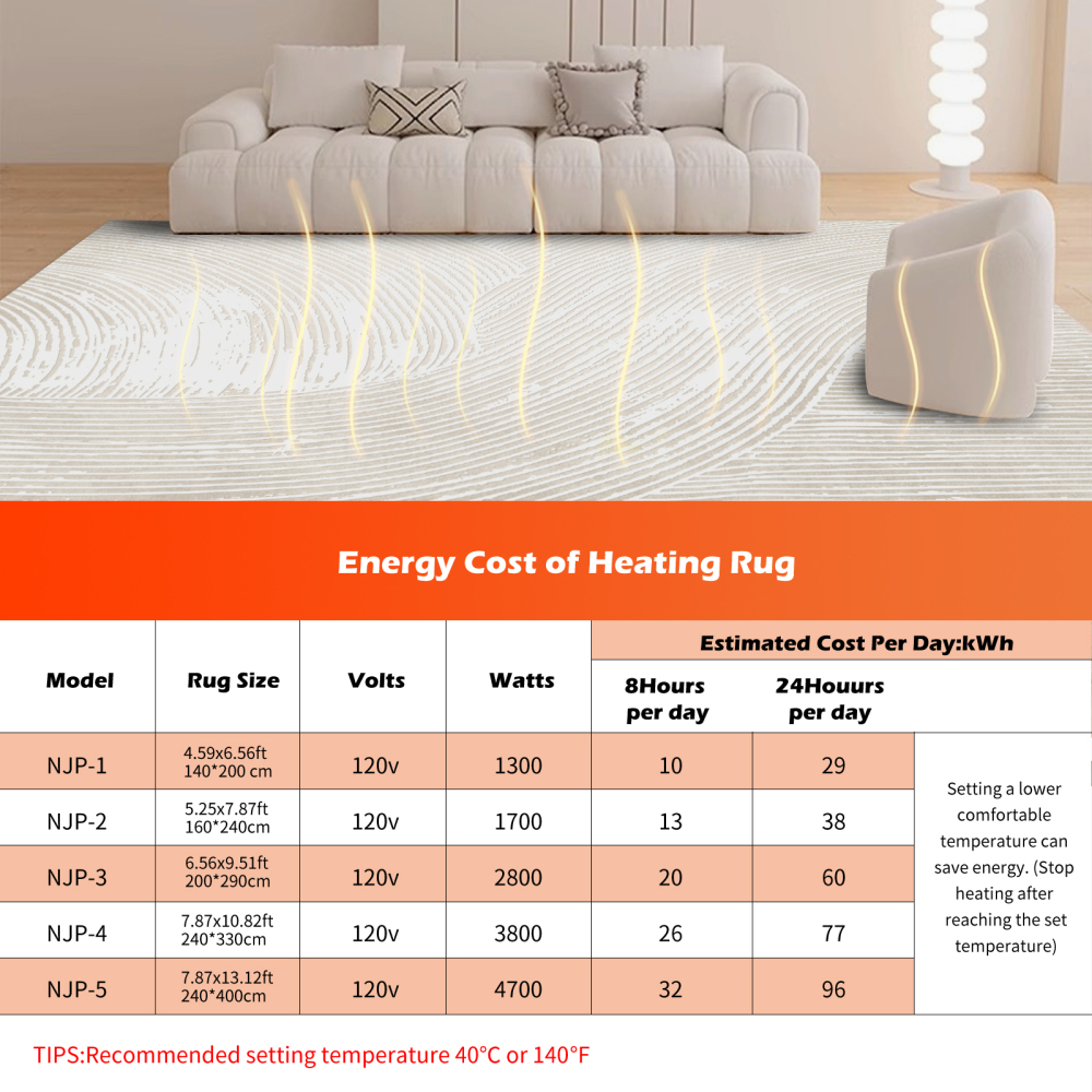 NujorWarm Graphene Electric Heating Rug, Warmer Area Rug Adjustable temperature Heater, Floor Heating Mat with Timer Living Room BedRoom Dining Room 120V 1700W QY 160*240cm 5.2*7.9Ft