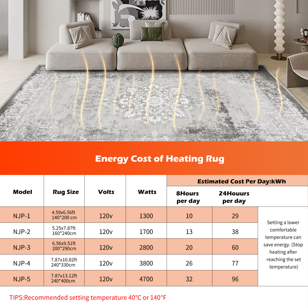 NujorWarm Graphene Electric Heating Rug,Heated Area Rug Floor Heating Mat Space Heater Foot Warmer  with Timer Living Room Bedroom Dining Room Fusheng 120V 1700W 160 * 230cm 5.2 * 7.5Ft