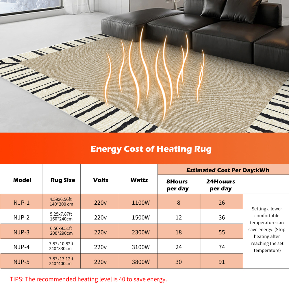 NujorWarm Graphene Electric Heating Rug,Heated Area Rug Floor Heating Mat Space Heater Foot Warmer  with Timer Living Room Bedroom Dining Room Yuanye 120V 220V 1500W 160x240cm