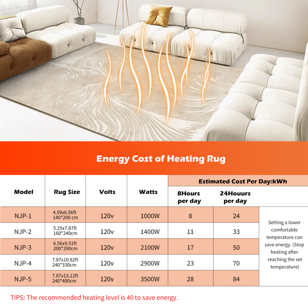 NujorWarm Graphene Electric Heating Rug,Heated Area Rug Floor Heating Mat Space Heater Foot Warmer  with Timer Living Room Bedroom Dining Room Chaoxi 120V 220V 1500W 160x240cm