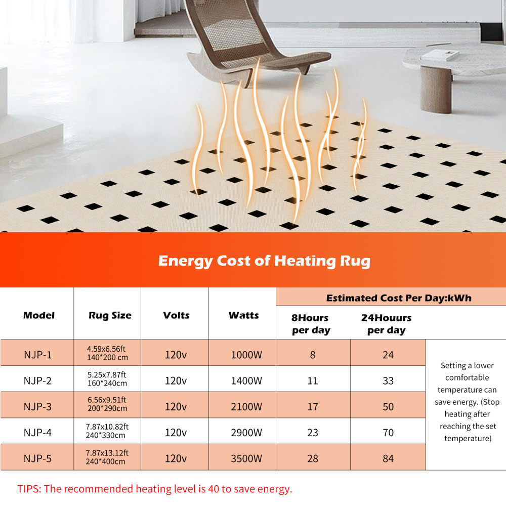 NujorWarm Graphene Electric Heating Rug,Heated Area Rug Floor Heating Mat Space Heater Foot Warmer  with Timer Living Room Bedroom Dining Room Bali 120V 220V 1500W 160x240cm