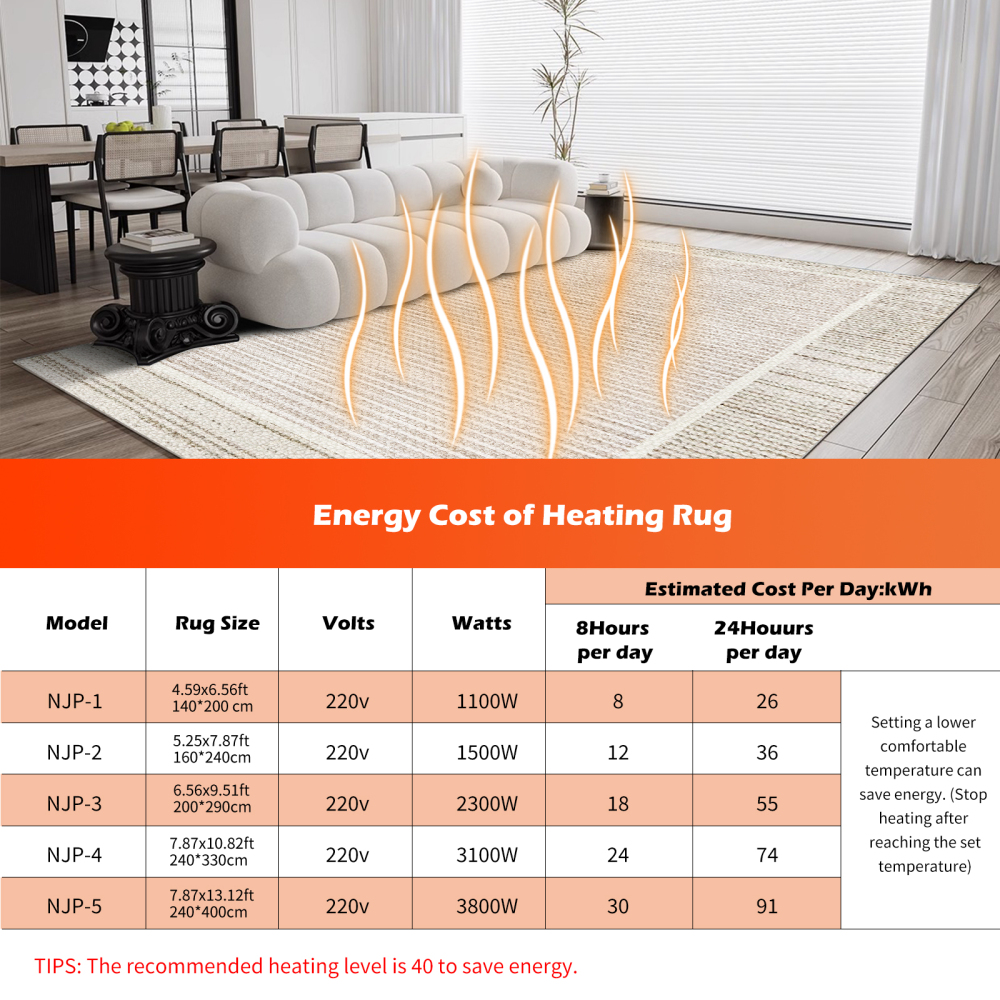 NujorWarm Graphene Electric Heating Rug,Heated Area Rug Floor Heating Mat Space Heater Foot Warmer  with Timer Living Room Bedroom Dining Room Falan 120V 220V 1500W 160x240cm