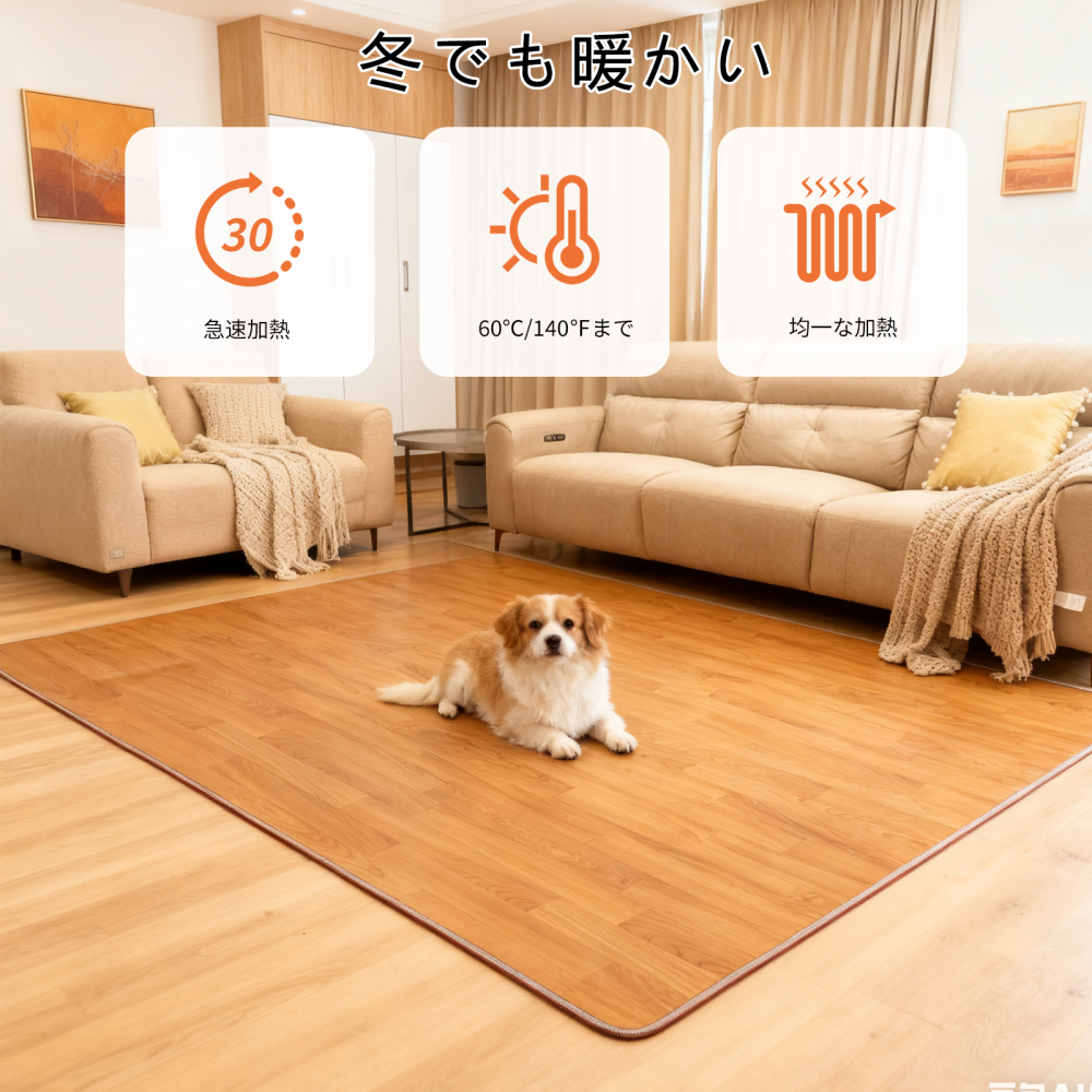 グラフェン電気マット 60段階温度調節 木目調PVC表面ホットカーペット タイマー付き 速暖 足元暖房 お手入れ簡単 家族のリビング・寝室・ヨガルームに最適 150×200cm SZMW