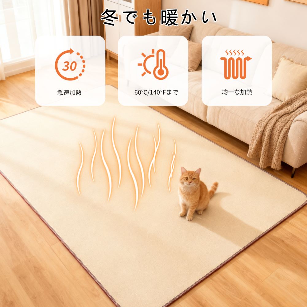 グラフェン電気マット 60段階温度調節 木目調PVC表面ホットカーペット タイマー付き 速暖 足元暖房 お手入れ簡単 家族のリビング・寝室・ヨガルームに最適 150×200cm NMH