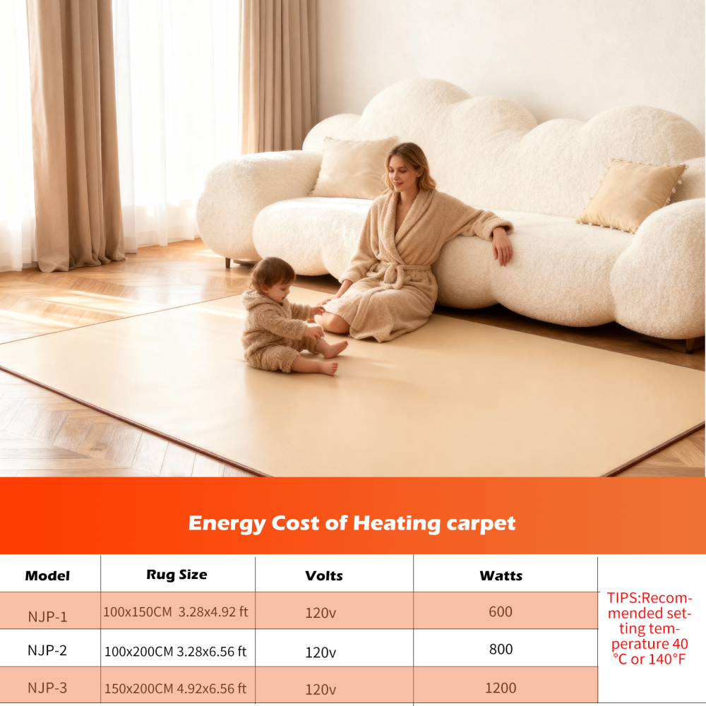 NujorWarm 120V Electric Heated Mat Easy Clean PVC Surface Heating Carpet Space Heater Floor Rug with Timer Fast Warm Up for Living Room Office Play Room 1200W 4.9x6.6ft NM