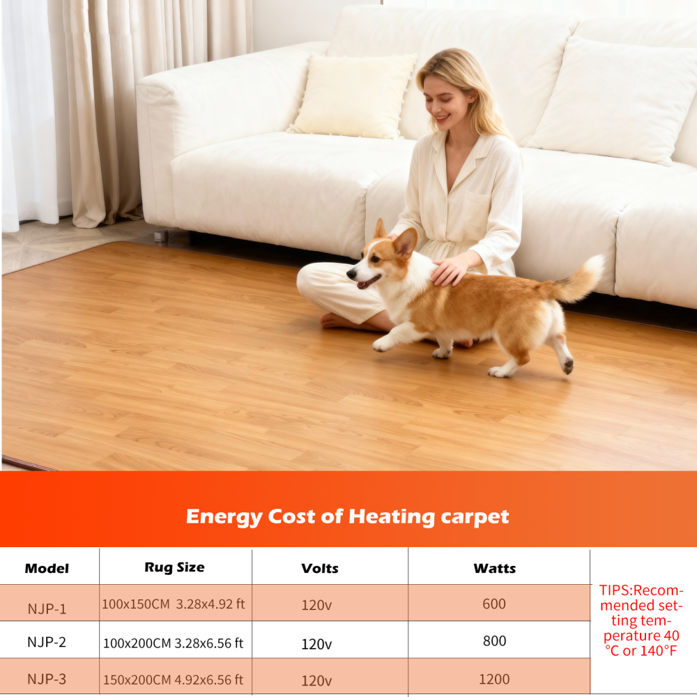NujorWarm 120V Electric Heated Mat Easy Clean PVC Surface Heating Carpet Space Heater Floor Rug with Timer Fast Warm Up for Living Room Office Play Room 1100W 4.9x6.6ft HZ