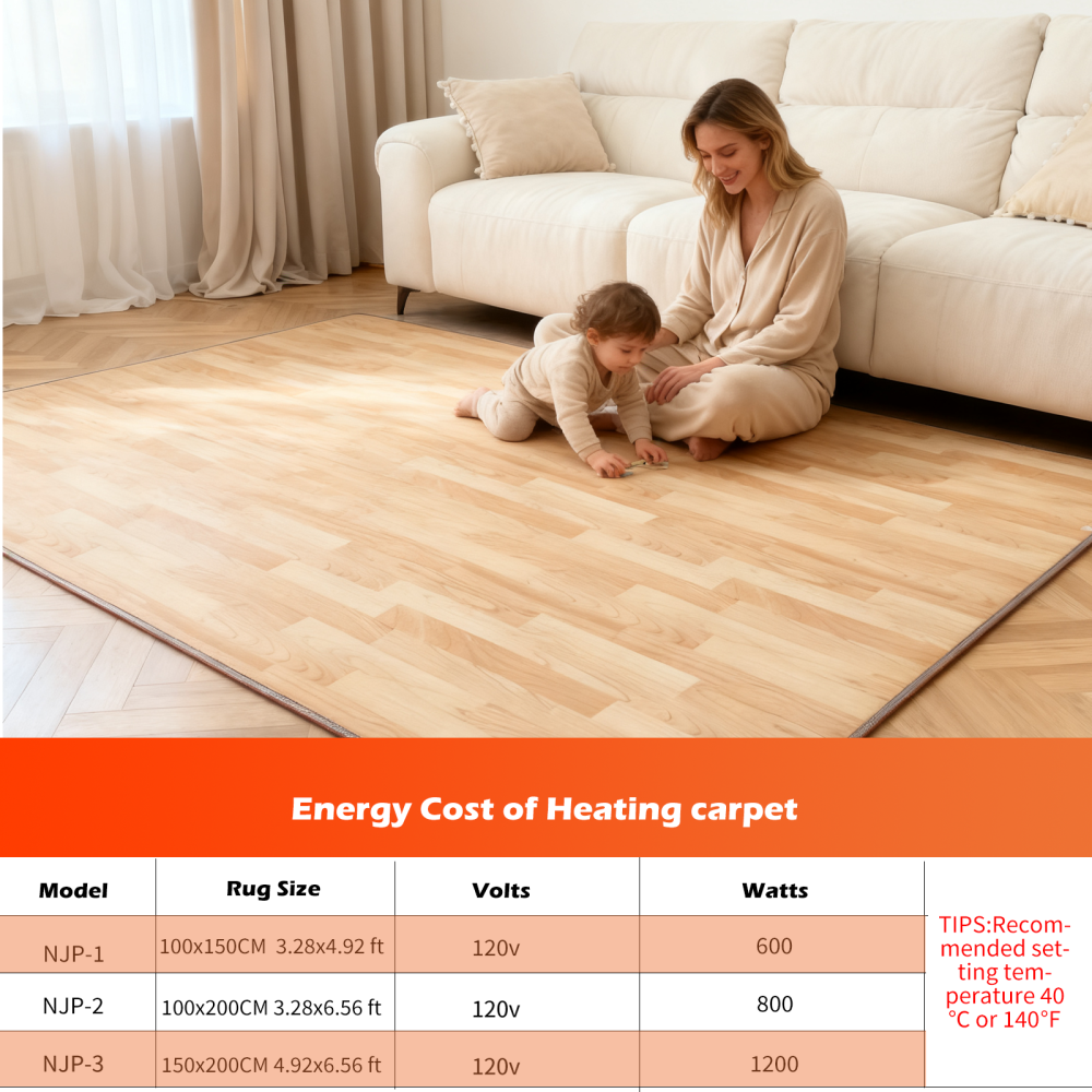 NujorWarm 120V Electric Heated Mat Easy Clean PVC Surface Heating Carpet Space Heater Floor Rug with Timer Fast Warm Up for Living Room Office Play Room 1200W DQ