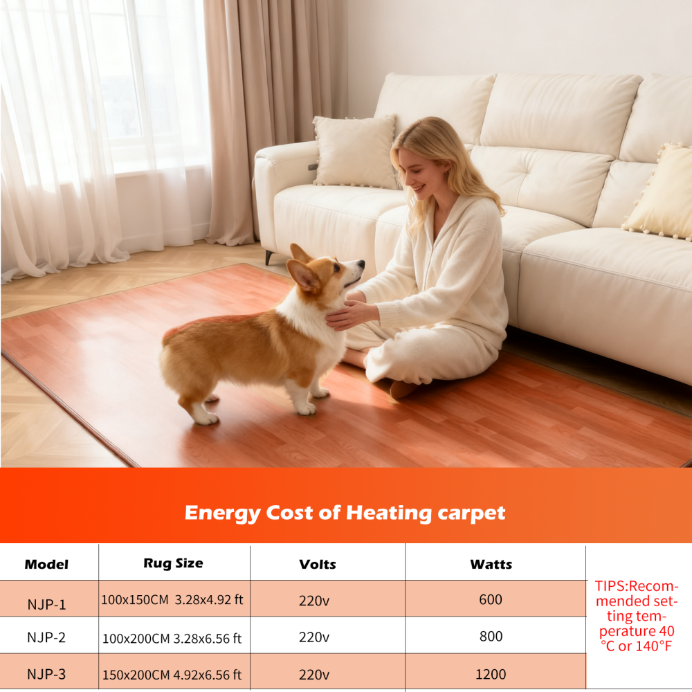 NujorWarm 120V Electric Heated Mat Easy Clean PVC Surface Heating Carpet Space Heater Floor Rug with Timer Fast Warm Up for Living Room Office Play Room 1100W 4.9x6.6ft HZ