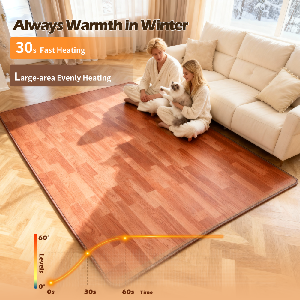 NujorWarm 120V Electric Heated Mat Easy Clean PVC Surface Heating Carpet Space Heater Floor Rug with Timer Fast Warm Up for Living Room Office Play Room 1100W 4.9x6.6ft HZ