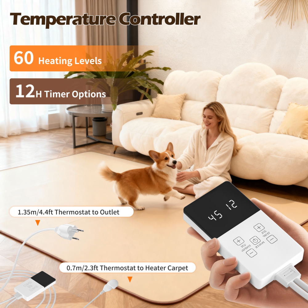 NujorWarm 120V Electric Heated Mat Easy Clean PVC Surface Heating Carpet Space Heater Floor Rug with Timer Fast Warm Up for Living Room Office Play Room 1200W 4.9x6.6ft NM