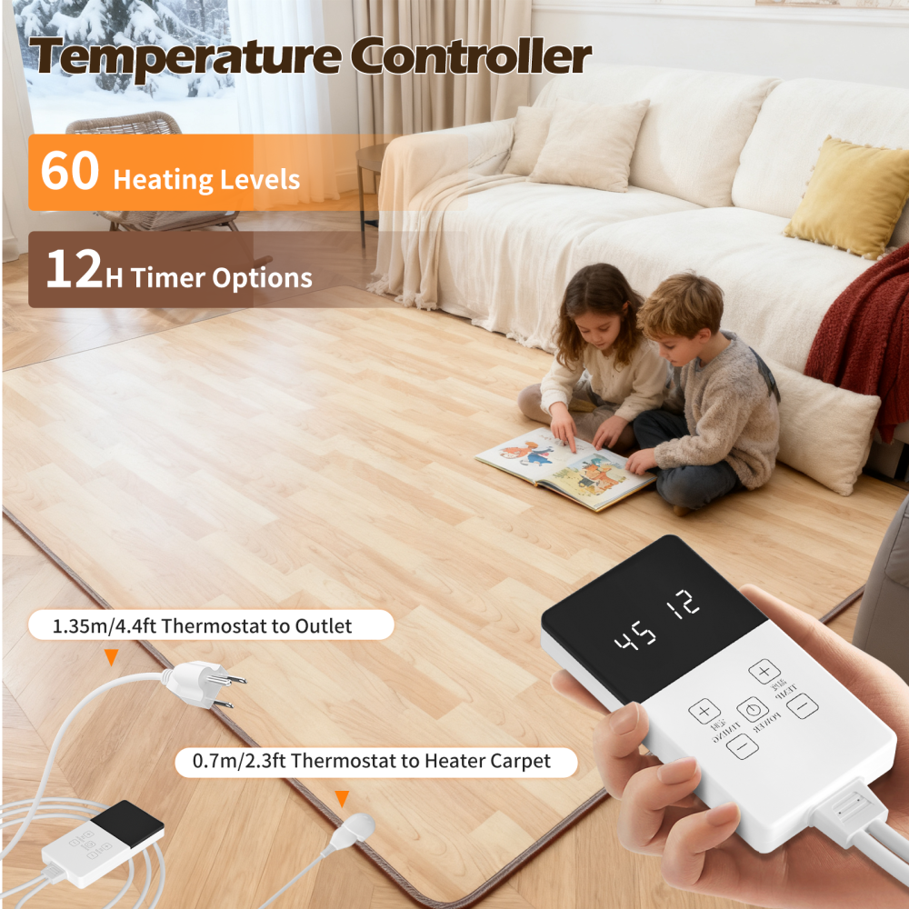 NujorWarm 120V Electric Heated Mat Easy Clean PVC Surface Heating Carpet Space Heater Floor Rug with Timer Fast Warm Up for Living Room Office Play Room 1200W DQ