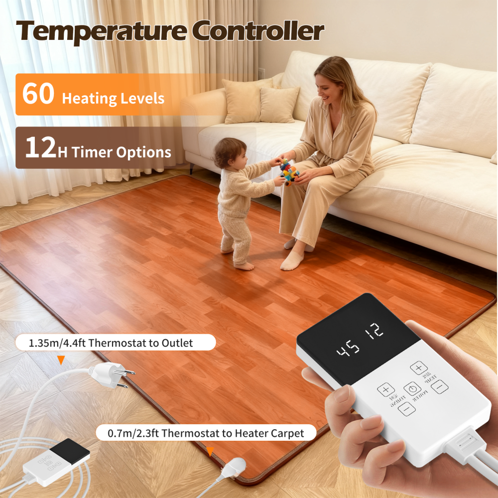 NujorWarm 120V Electric Heated Mat Easy Clean PVC Surface Heating Carpet Space Heater Floor Rug with Timer Fast Warm Up for Living Room Office Play Room 1100W 4.9x6.6ft HZ