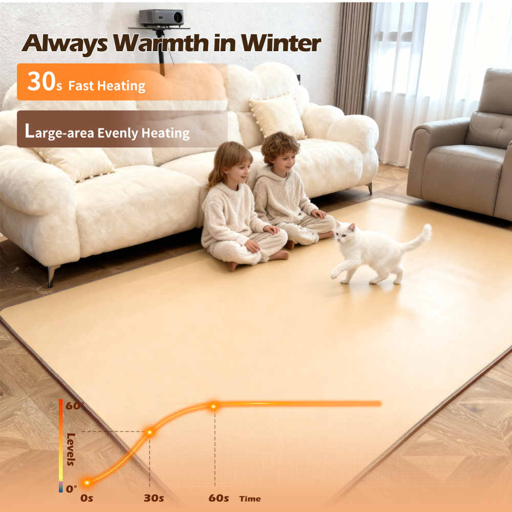 NujorWarm 120V Electric Heated Mat Easy Clean PVC Surface Heating Carpet Space Heater Floor Rug with Timer Fast Warm Up for Living Room Office Play Room 1200W 4.9x6.6ft NM