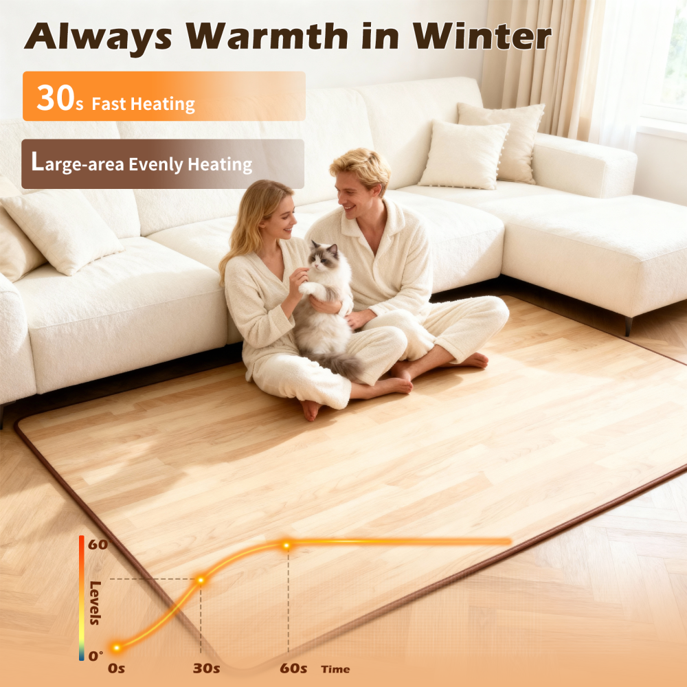 NujorWarm 120V Electric Heated Mat Easy Clean PVC Surface Heating Carpet Space Heater Floor Rug with Timer Fast Warm Up for Living Room Office Play Room 1200W DQ