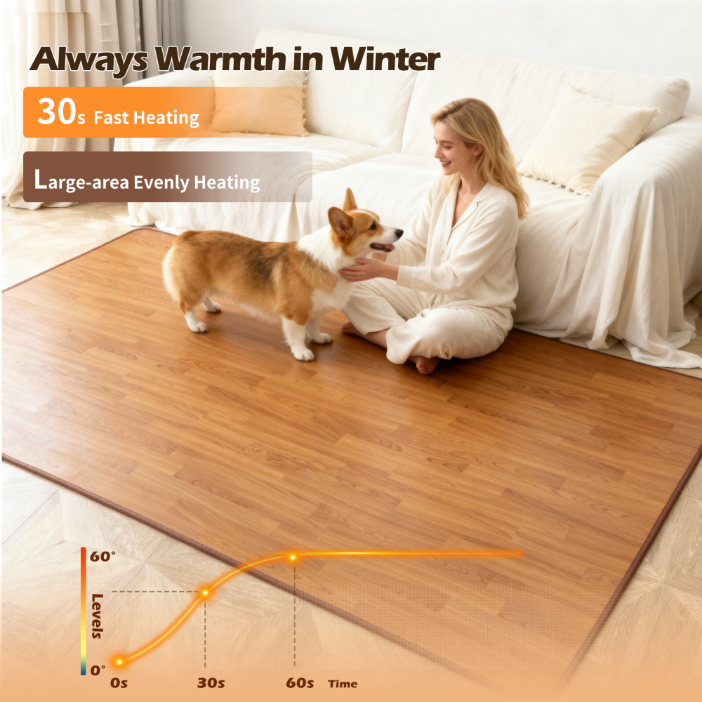 NujorWarm 120V Electric Heated Mat Easy Clean PVC Surface Heating Carpet Space Heater Floor Rug with Timer Fast Warm Up for Living Room Office Play Room 1100W 4.9x6.6ft HZ