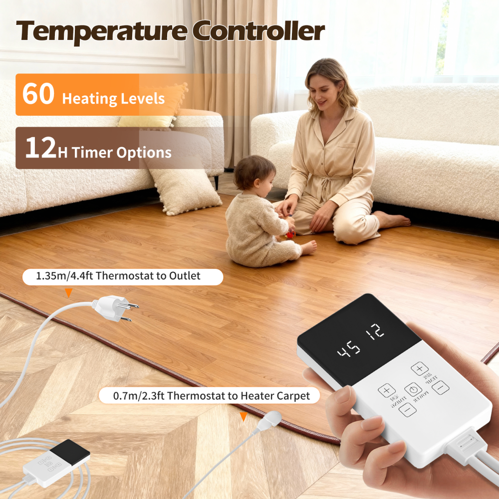 NujorWarm 120V Electric Heated Mat Easy Clean PVC Surface Heating Carpet Space Heater Floor Rug with Timer Fast Warm Up for Living Room Office Play Room 1100W 4.9x6.6ft HZ