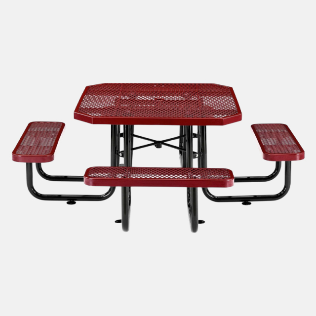 Red Octagonal Metal Mesh Picnic Table Thermoplastic Outdoor Arlau