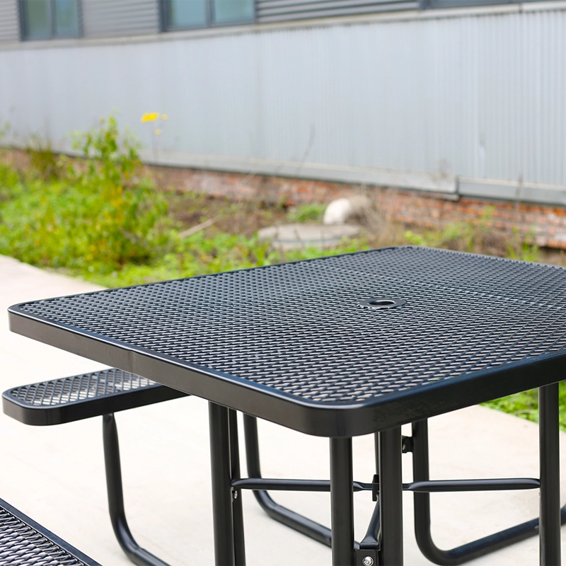 Coated square steel tabletop and welded frame on the Arlau picnic table
