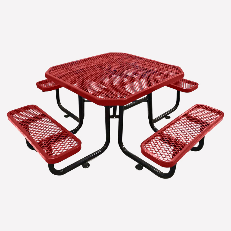Red Octagonal Metal Mesh Picnic Table Thermoplastic Outdoor Arlau