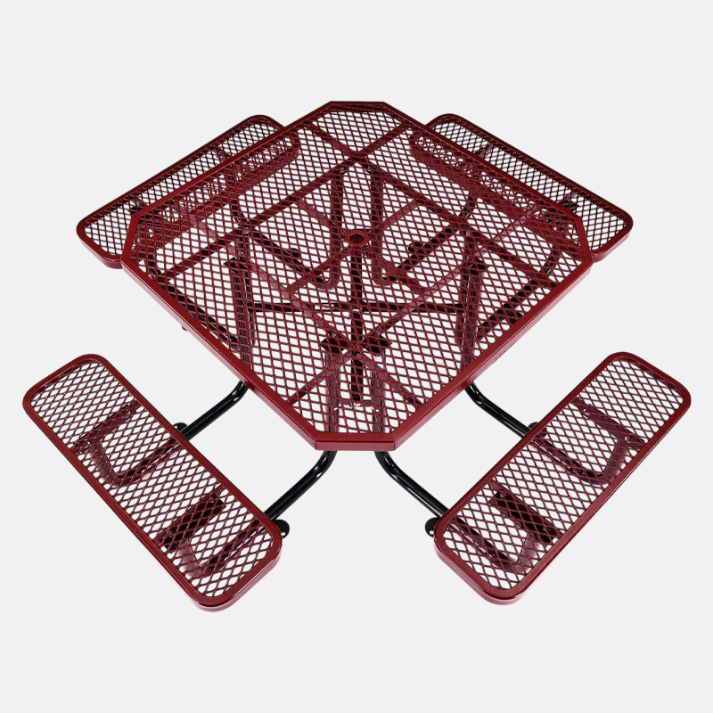 Red Octagonal Metal Mesh Picnic Table Thermoplastic Outdoor Arlau