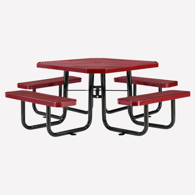 Red Octagonal Metal Mesh Picnic Table Thermoplastic Outdoor Arlau