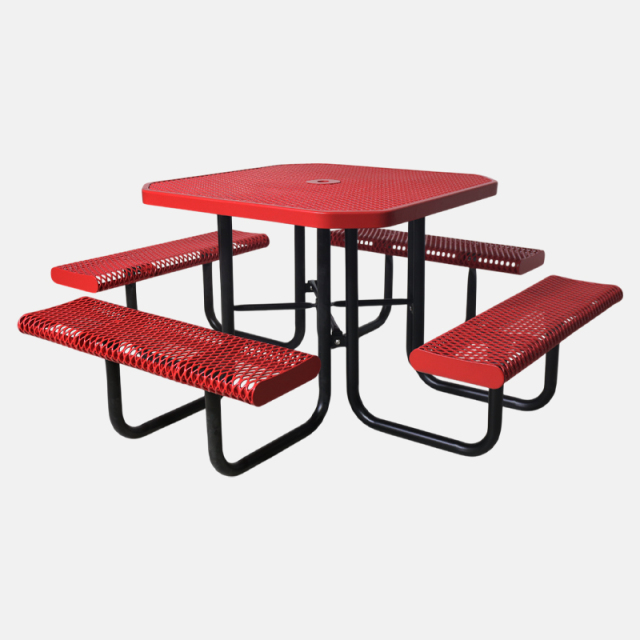 Red Octagonal Metal Mesh Picnic Table Thermoplastic Outdoor Seating