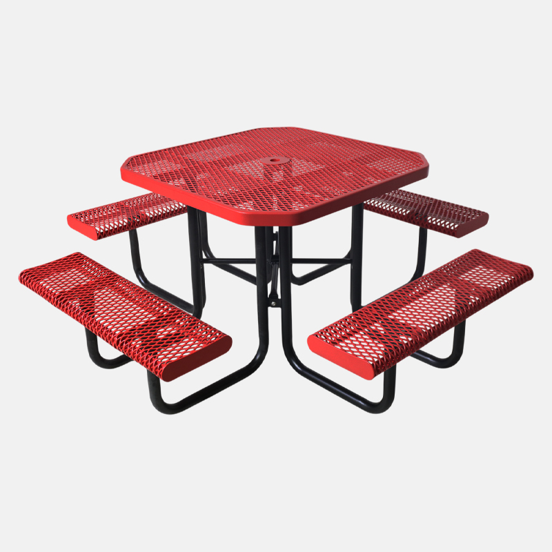 Red Octagonal Metal Mesh Picnic Table Thermoplastic Outdoor Seating