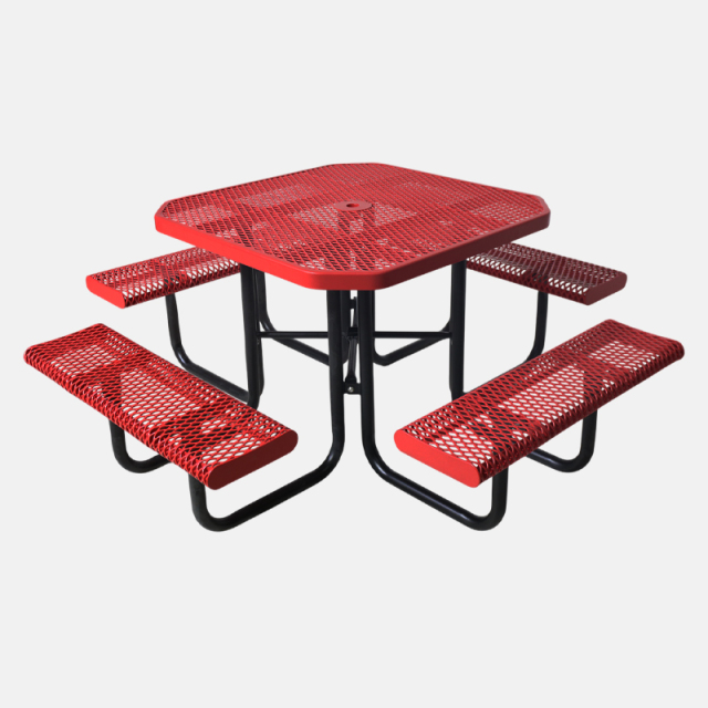 Red Octagonal Metal Mesh Picnic Table Thermoplastic Outdoor Seating