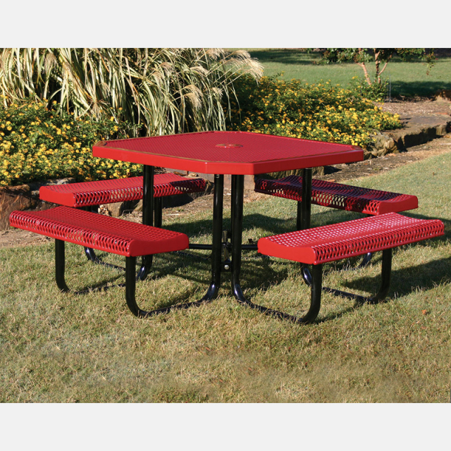 Red Octagonal Metal Mesh Picnic Table Thermoplastic Outdoor Seating