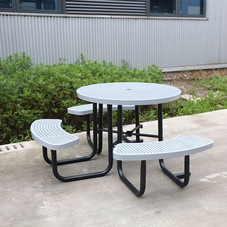 Commercial Round Picnic Table - 46 Inch Gray Perforated Metal Design