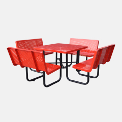 46-Inch Red Picnic Table with Backrest - 8-Person Perforated Steel