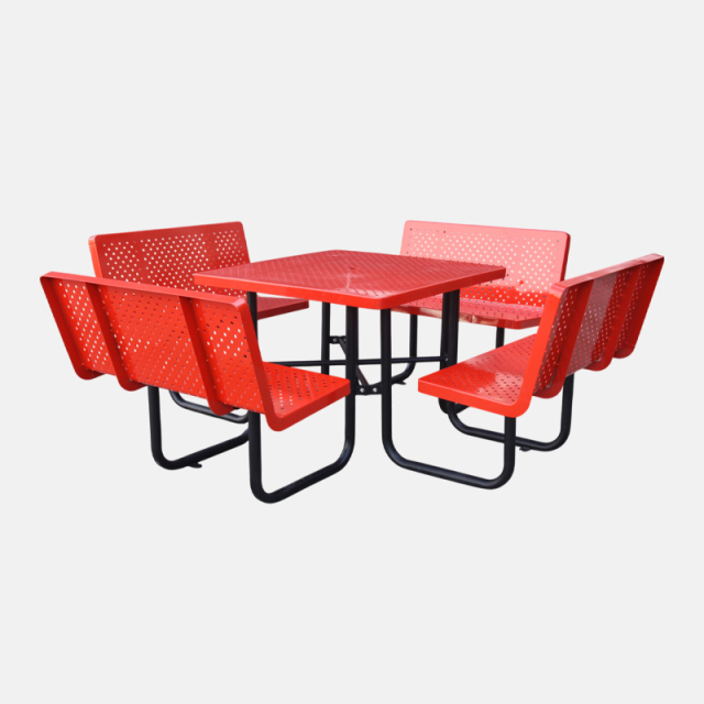 46-Inch Red Picnic Table with Backrest - 8-Person Perforated Steel