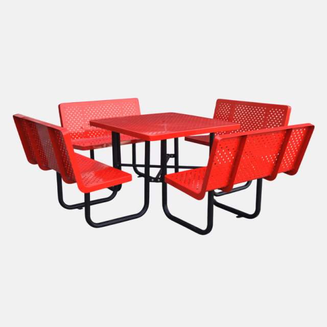 46-Inch Red Picnic Table with Backrest - 8-Person Perforated Steel