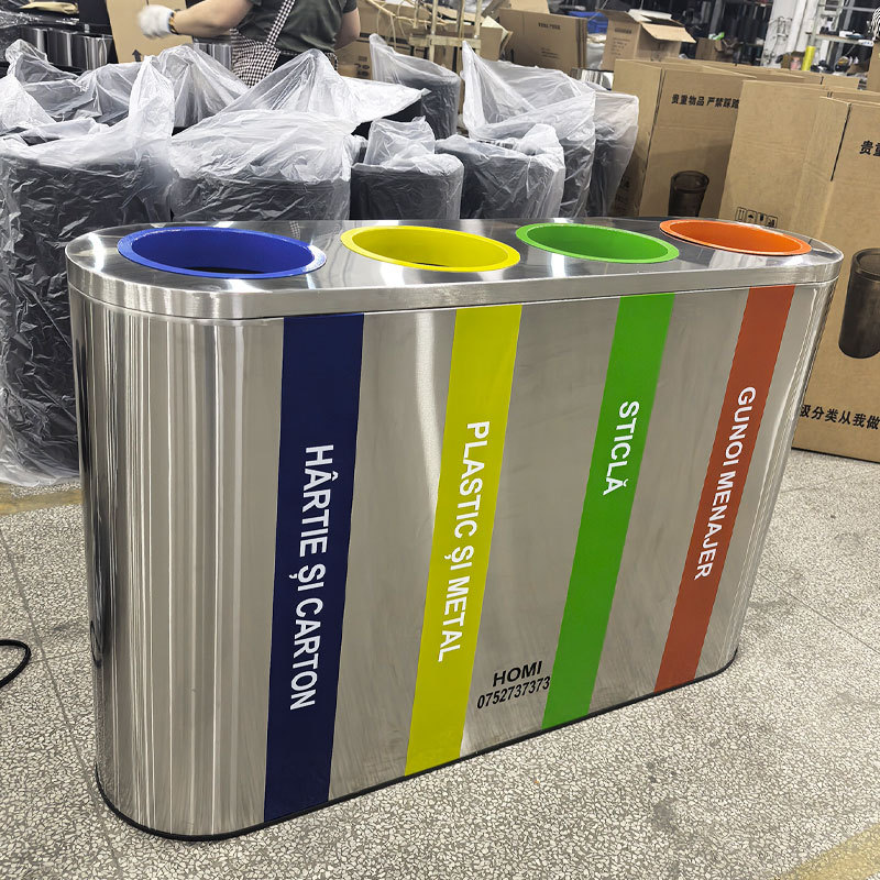 4-Barrel Stainless Steel Trash Can - 50L Fireproof  Durable