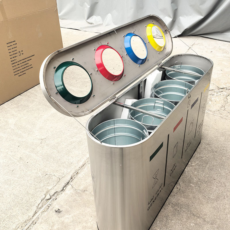 4-Compartment Stainless Steel Trash Can - 160L Recycling Bin