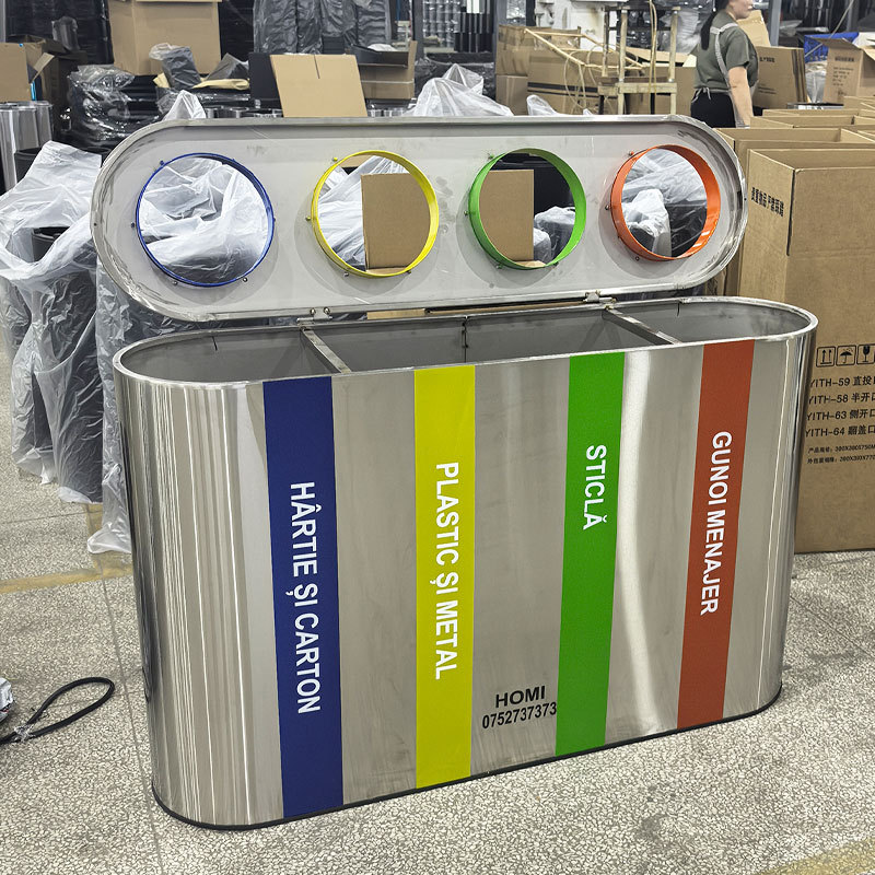 4-Barrel Stainless Steel Trash Can - 50L Fireproof  Durable