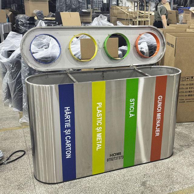 4-Barrel Stainless Steel Trash Can - 50L Fireproof  Durable