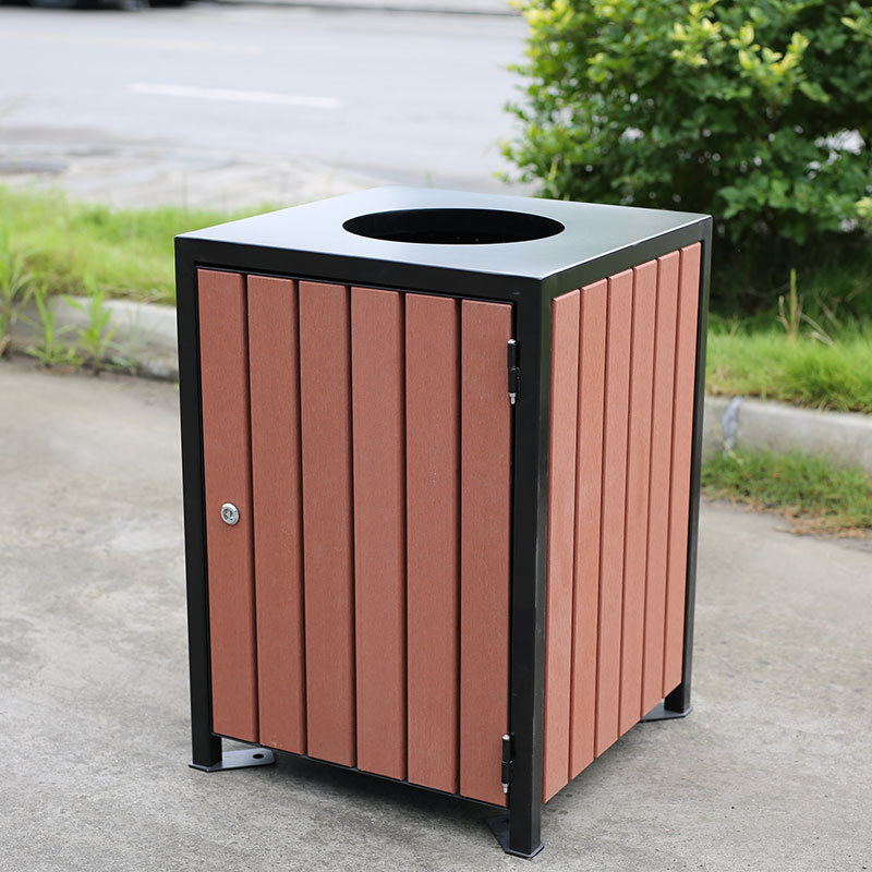 Wood and Steel Outdoor Trash Can - Elegant Open-Top Public Bin