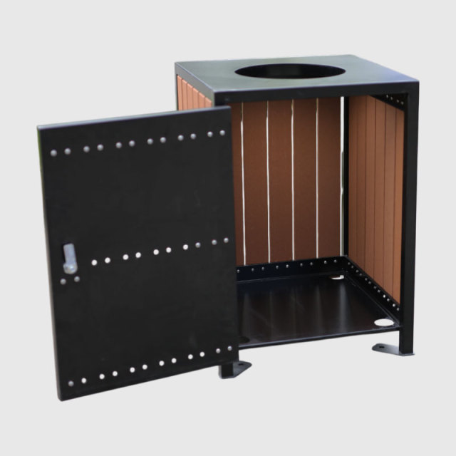 Wood and Steel Outdoor Trash Can - Elegant Open-Top Public Bin