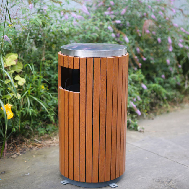 Plastic Wood Outdoor Metal Garbage Bin- Stainless Steel Lid