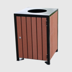 Wood and Steel Outdoor Trash Can - Elegant Open-Top Public Bin