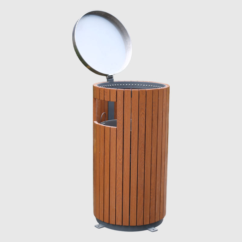 Plastic Wood Outdoor Metal Garbage Bin- Stainless Steel Lid