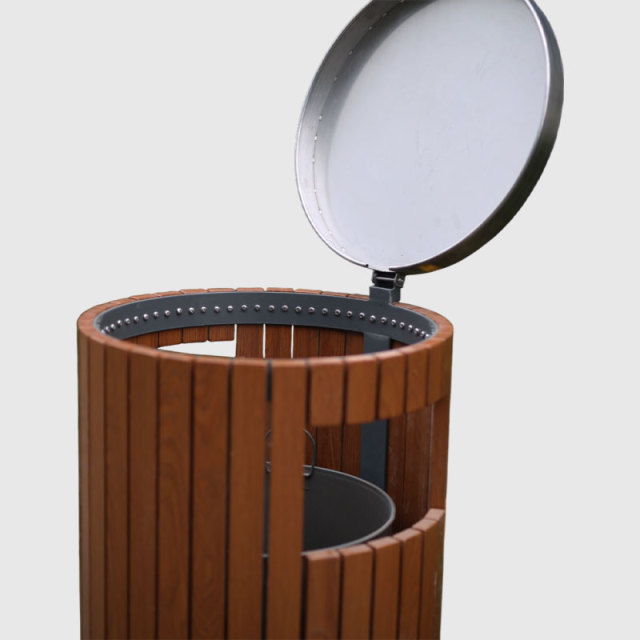 Plastic Wood Outdoor Metal Garbage Bin- Stainless Steel Lid